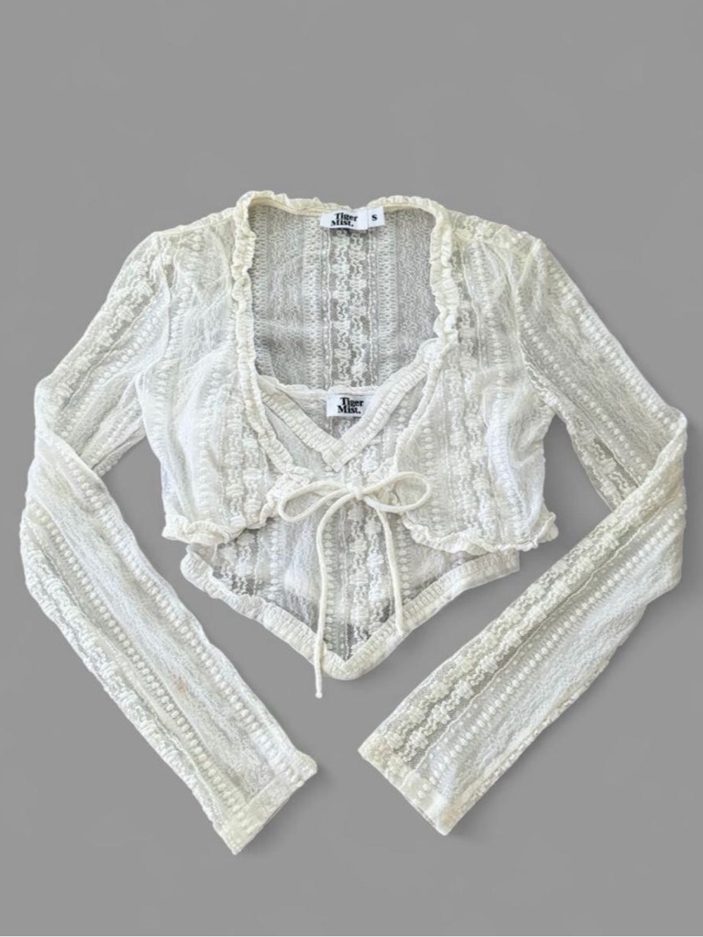 Tiger Mist Cream 2-Piece Lace Long Sleeve Crop Top